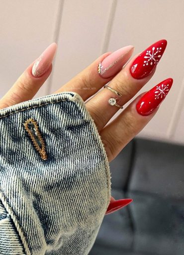 50+ Festive Holiday Nail Designs & Ideas : Natural + Snowflake Red Nails