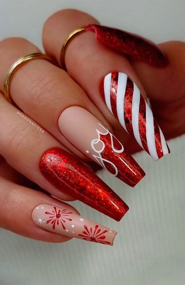 50+ Festive Holiday Nail Designs & Ideas : Acrylic Candy Cane Coffin Nails