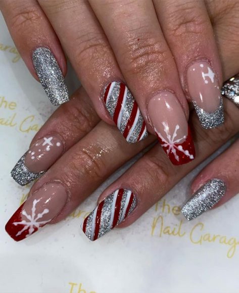 Festive Holiday Nail Designs Ideas Silver Glitter Red Nails