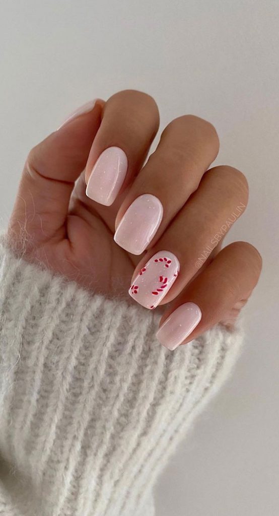 50+ Festive Holiday Nail Designs & Ideas Simple Candy Cane Light Pink