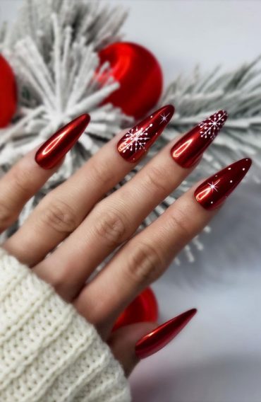 50 Festive Holiday Nail Designs And Ideas Dark Red Nails With Snowflakes