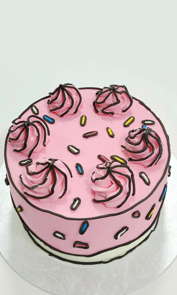 50 Cute Comic Cake Ideas For Any Occasion Pink Cake With Black Outline Sprinkles