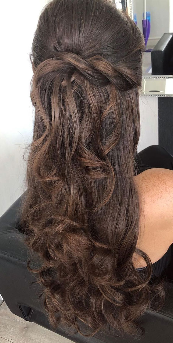 40 Best Prom Hairstyles For 2023 Twisted Half Up Brunette Long Hair
