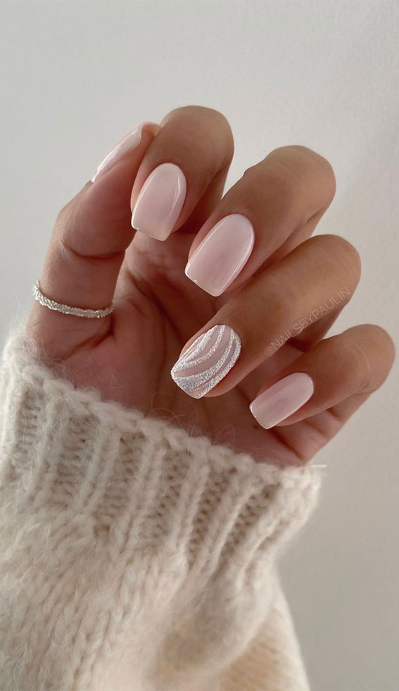 35 Nail Trends 2023 To Have on Your List : Nude Pink + White Swirl Nails
