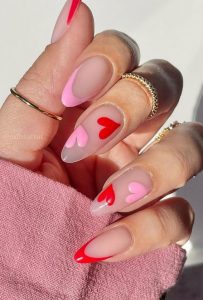 30 Lovely Valentines Nails in 2023 : Pink &amp; Red Love Heart Sheer Nails