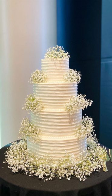 40 Beautiful Wedding Cake Trends 2023 : White Three Tiers + Baby's Breath