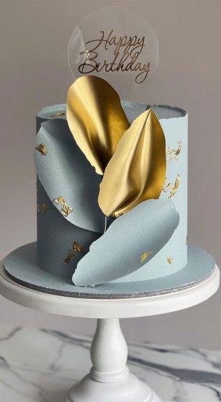 55+ Cute Cake Ideas For Your Next Party : Blue Grey Cake with Gold Accents