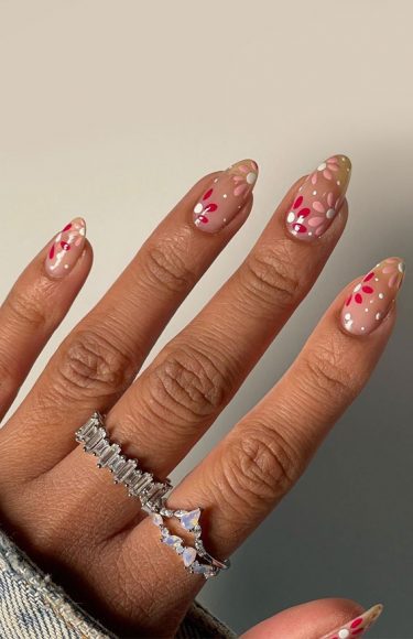 50+ Pretty Spring Colour Nail Ideas & Designs : Pink Flower Sheer Nails