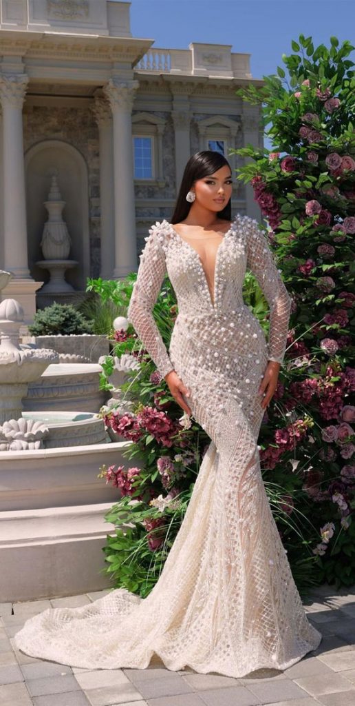 50+ Wedding Dress Trends 2023 : Sexy Long Sleeve V Neck Wedding Dress