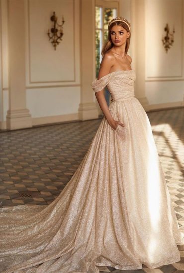 Timeless Wedding Dresses To Lookout Off The Shoulder Shimmery Dress