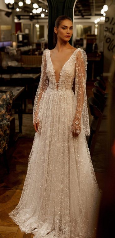 50+ Wedding Dress Trends 2023 : V-Neck, Long Sleeves Sparkles