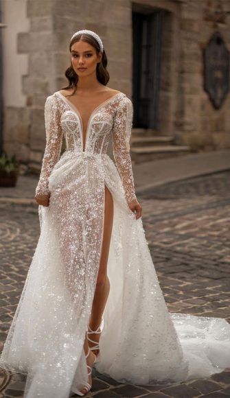 Timeless Wedding Dresses To Lookout Body Suit Long Sleeves Sheer Skirt