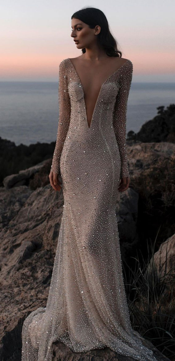 Blonde, Long Sleeve Mermaid Deep V Neckline Wedding Gown - Iconic