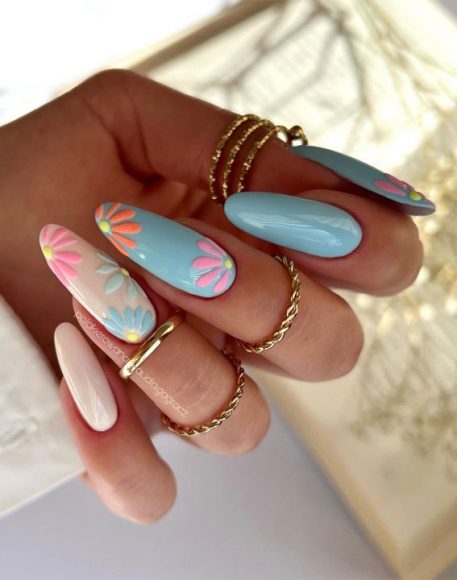 52 Cute Floral Nail Art Designs Floral Accented Blue And Nude Nails