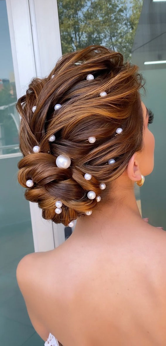 40 Updo Hairstyles Perfect For Any Occasion : Textured Updo with Pearls