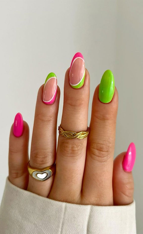 50+ Cute Summer Nails for 2023 : Bright Green & Pink Nail Art