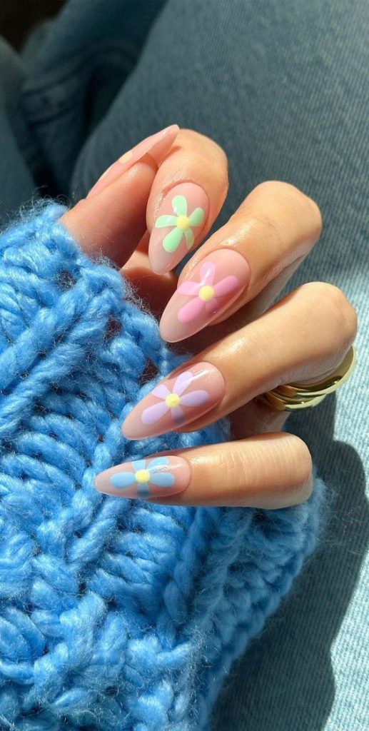 Cute Spring Nails To Inspire You Sheer Nails with Pastel Flower Accents