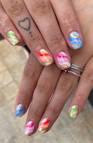 50 Cute Summer Nails For 2023 Colourful And Gold Swirly