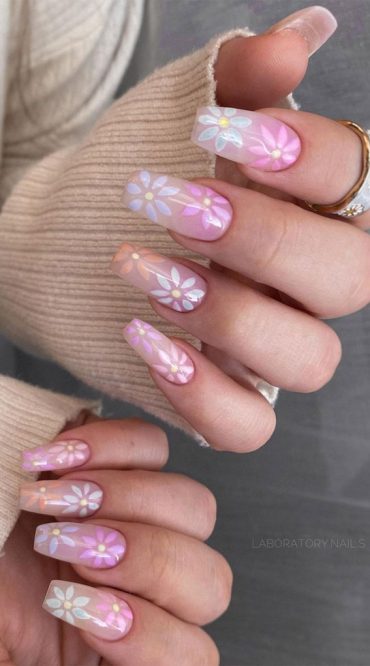 50 Fresh Summer Nail Designs Sheer Ombre Nails With Flower Accents