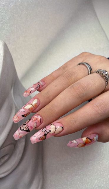 50+ Fresh Summer Nail Designs : Butterfly Pink Acrylic Nails