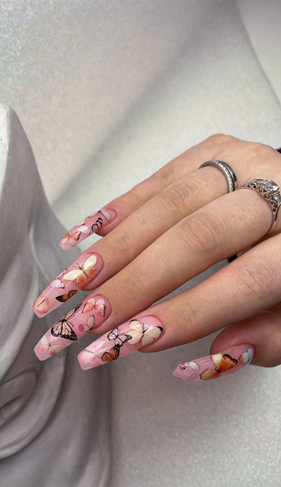 50+ Fresh Summer Nail Designs : Butterfly Pink Acrylic Nails