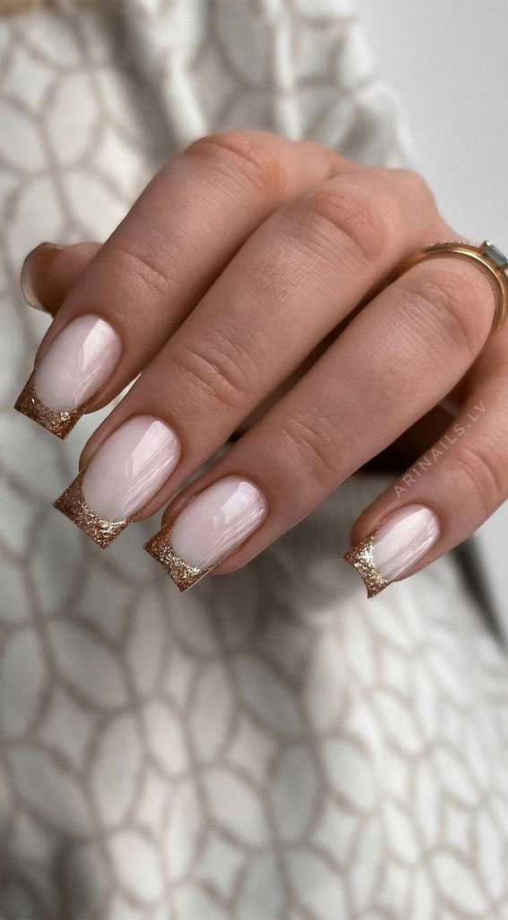 Indulge in the Classic Elegance of French Nails : Gold Glitter Square Nails