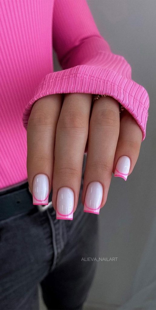 Indulge In The Classic Elegance Of French Nails Bright Pink Double French Tips White Nails