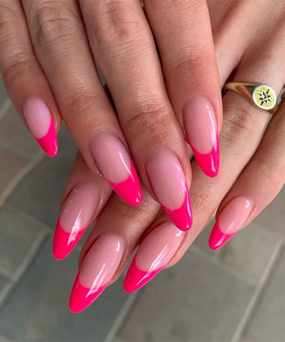 25 Hot Pink Vibrant Nails for Modern Women : Hot Pink French Tip Almond Nails
