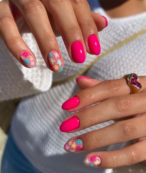 Hot Pink Vibrant Nails For Modern Women Pastel Flower Hot Pink Nails