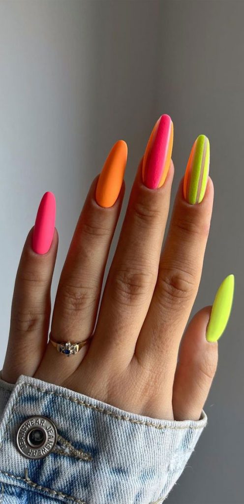 30 Light Up Your Nails With Electric Energy For Summer Mix N Match Neon Colour Almond Nails 