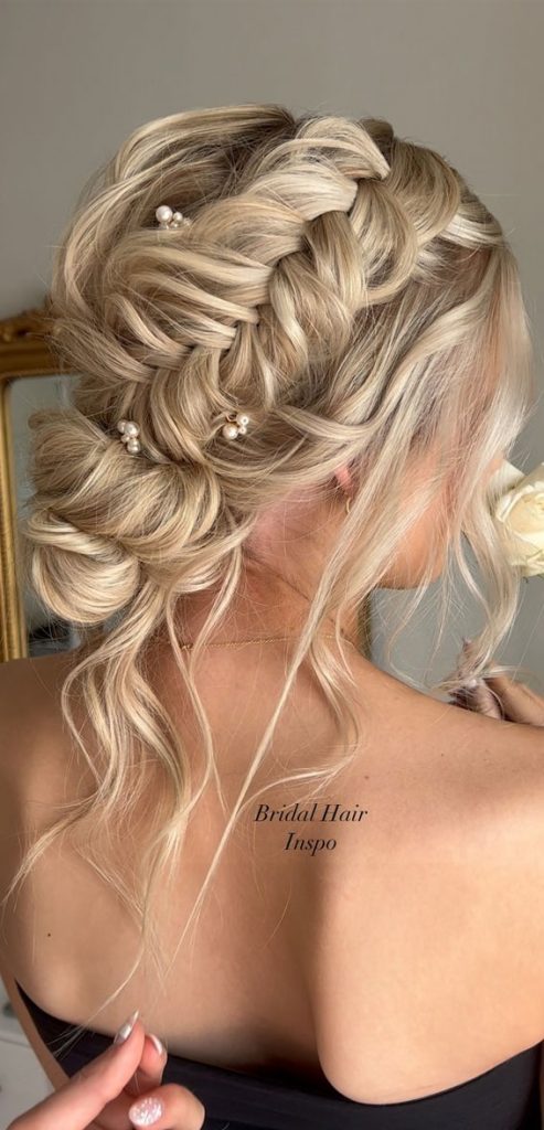 30 Glamorous Braids To Make A Statement On Your Big Day Chunky Braided Messy Bun With Pearls 5046