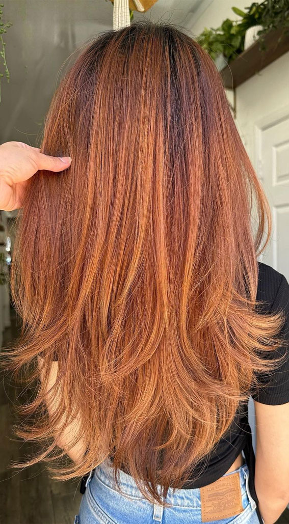 40 Long Layered Haircuts To Try Right Now : Copper Red U-Shaped Layers