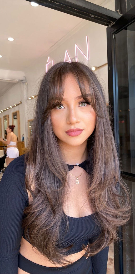 40 Long Layered Haircuts To Try Right Now : Wispy Bangs + Long Layers with Balayage