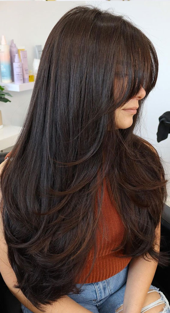 40 Long Layered Haircuts To Try Right Now : Layers with side-swept bangs