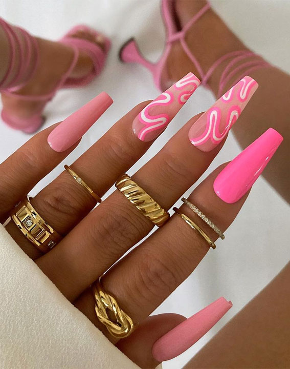 Acrylic Pink Nail Designs, trendy nail designs, Nail Designs 2023, summer nails, Vibrant Nails, nail trends, mix n match nails