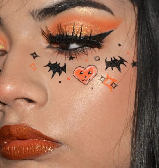 Creative Halloween Makeup Looks Pumpkin Heart And Bats