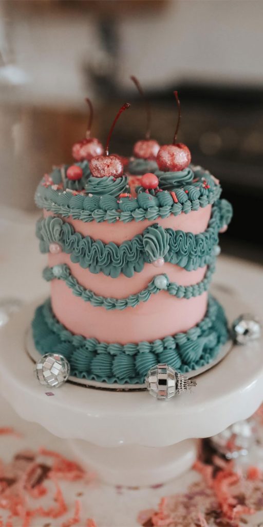 50 Cute Vintage Style Cake Delight Ideas : Green & Pink Cake with Disco ...