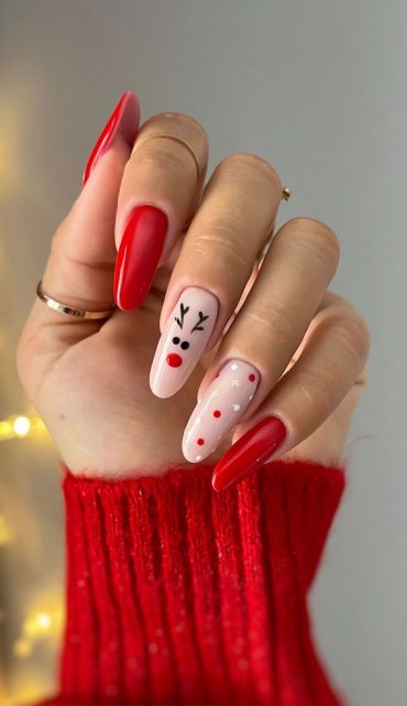 Festive Elegance In Christmas Nail Art Reindeer Red Nose Nails