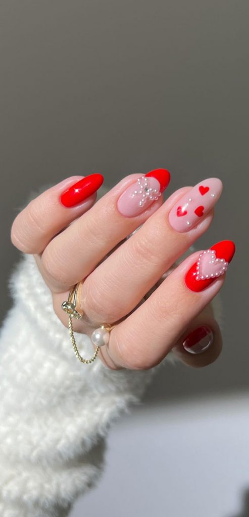 Captivating Valentine's Day Nail Designs : Red Nails with Pearl Bow ...