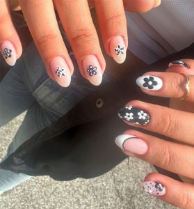 35 Trendsetting Nail Designs for the Season Black and White Daisy Nails