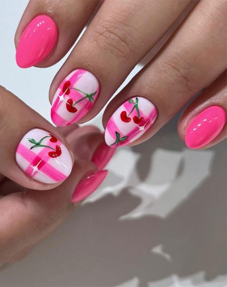 25 Cherry Nails That Are Charming, Sweet & Stylish : Pink Gingham Nails 