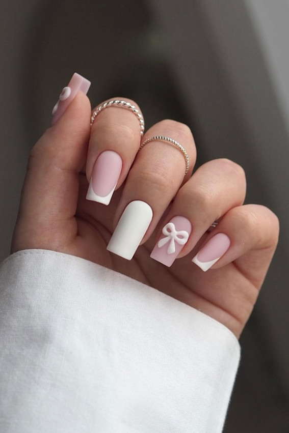 Classy Wedding Nails with Bow and French Tip Accents