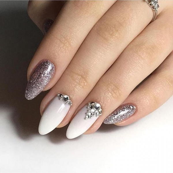 Elegant Wedding Nails : Silver Glitter & White Nail Art