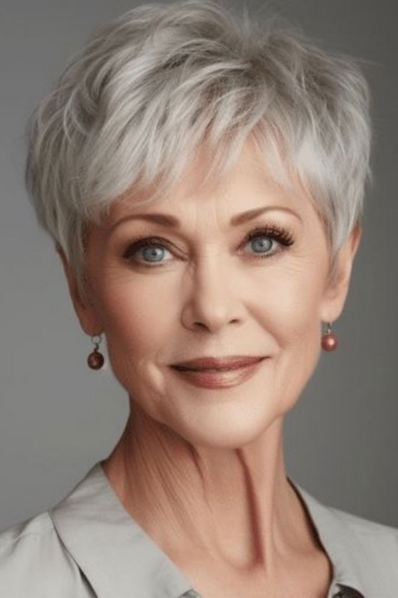 A Platinum Pixie Haircut with Fringe for Women Over 60