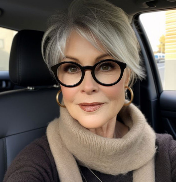 Medium Pixie Short Hairstyle for Over 60 with Glasses