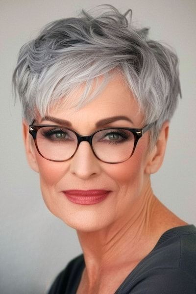 Pixie Short Hairstyle for Over 60 with Glasses