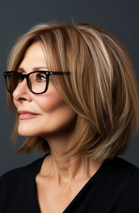 Medium-Length Bob Hairstyle for Over 60 with Glasses