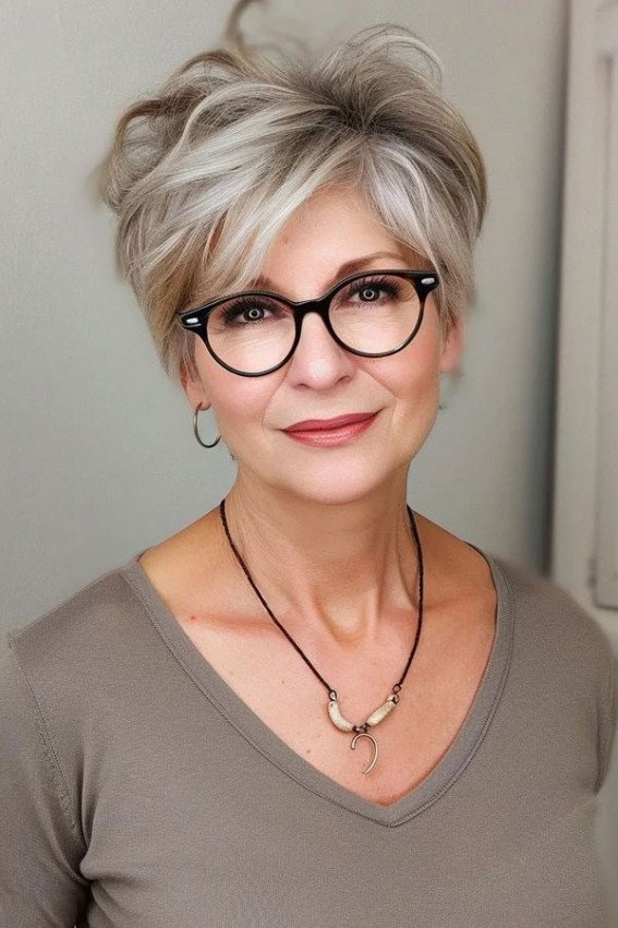 Low-Maintenance Pixie Cuts for Over 60 with Glasses, long pixie haircut for over 60