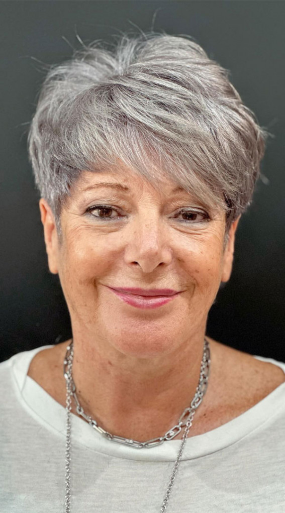 A Silver Pixie Haircut with Fringe for Women Over 60