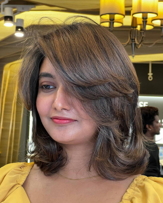 Shoulder length short layered haircut with melted chocolate hair colour, shoulder length haircut with short layers